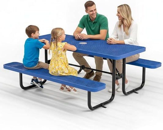 Metal Picnic Furniture for Outdoors with Umbrella Hole - Coated Steel Heavy Duty Commercial Grade Table with Adjustable Seats, Patio Set for a Lifetime (Blue, 6' Rectangular)