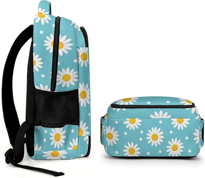 Travel Backpack Purse for Women, Light Blue Floral Daisy Flower Dots Cute Laptop Backpack with Tumbler Holder for Nurse Teacher College Work Casual Daypack