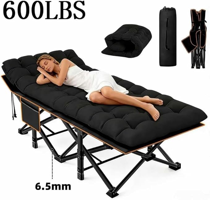 Comfortable and Soft Folding Bed, Portable Camping cot with Side Pockets and Mattress, Extra-Thick Oversized Folding Bed, Weight Capacity of 500/600/700 lbs (Black 600lbs)