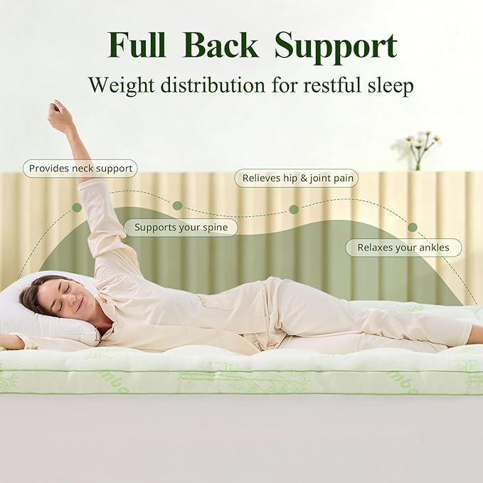 Memory Foam Mattress Topper - Viscose Made from Bamboo Pillow Top Thick Full Size Mattress Pad for Back Pain, Ultra Soft & Cooling for Hot Sleepers, 6-18'' Deep Pocket, Green