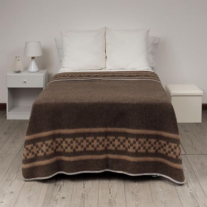 Thick Alpaca Wool Blanket Heavyweight Camping Outdoors Indoors Soft Peru Twin Size New Ethnic Design (Dark Brown/Soft Camel 2, Twin Size)