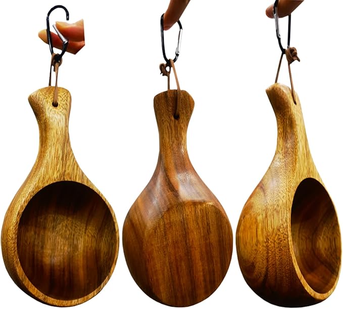 Sanrich Wooden Mug Kuksa Handcrafted Wood Camp Mug Survival Wood Cup Camping Cups & Mugs with Carabiner Leather Lanyard For Drinking Tea Coffee (8 ounces-tortoiseshell-no handle hole)