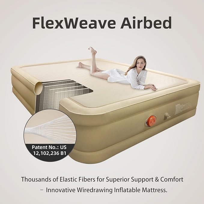 LunaDream Queen Air Mattress with USB Rechargeable Built-in Pump, Wireless Inflatable Airbed, FlexWeave Tech for 1100 lbs Ultra Firm Support, Portable for Home & Camping, Leak Proof Design, Carry Bag