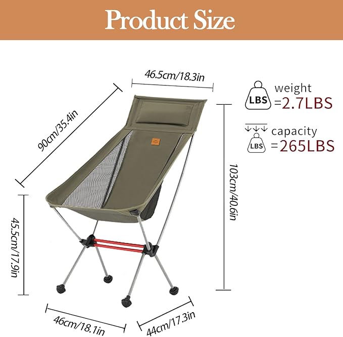 Naturehike Camping Chair, Foldable Chair with Storage Bag, Outdoor Portable Chair for Adults, Lightweight, Supports 330lbs, Backpacking Chair for Fishing, Hiking, Beach, Lawn