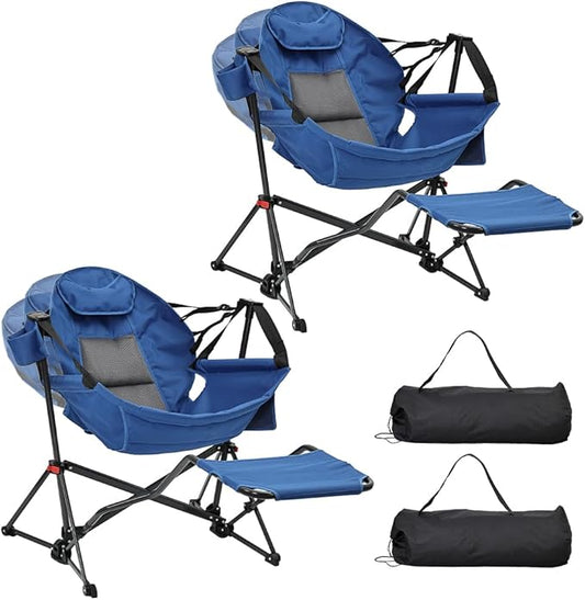 Ainfox Hammock Camping Chair with Footrest, Heavy Duty Foldable Portable Rocking Hammock Chairs Outside Swinging Camp with Cup Holder Pillow for Outdoor Patio Poolside Blue 2 Pack