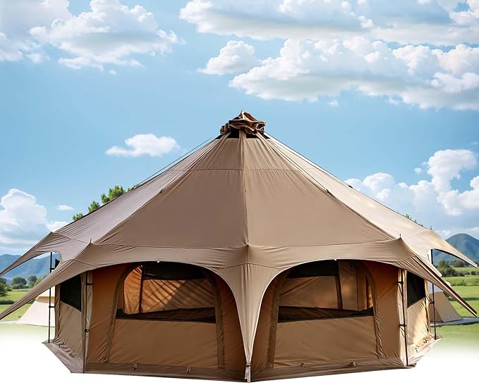 14.76×9.19ft Canvas Bell Tent, Large Yurt Tent for Camping & Glamping, Wat-erproof 4 Season Hot Tent 15 Person Spacious Glamping Tent, Removable PVC Floor, for Family Camping & Campground