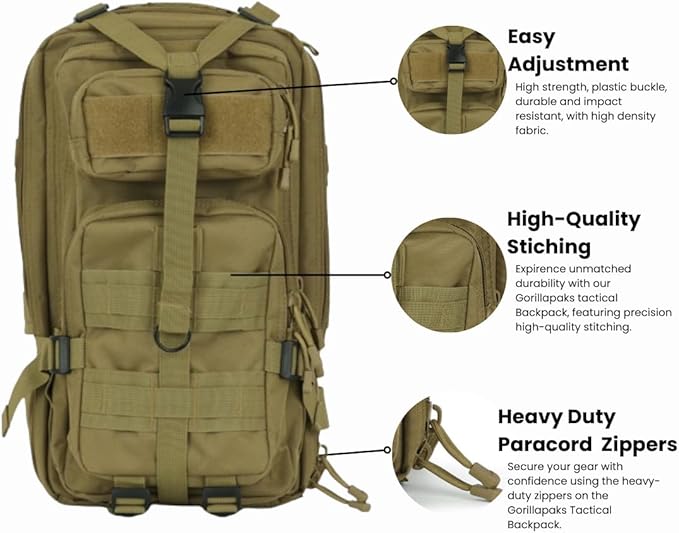 30L Tan Tactical Backpack - MOLLE Military Bug Out Bag, Small Survival Rucksack & EDC Daypack for Hunting, Hiking, Camping, Travel - Outdoor Gear for Men & Women