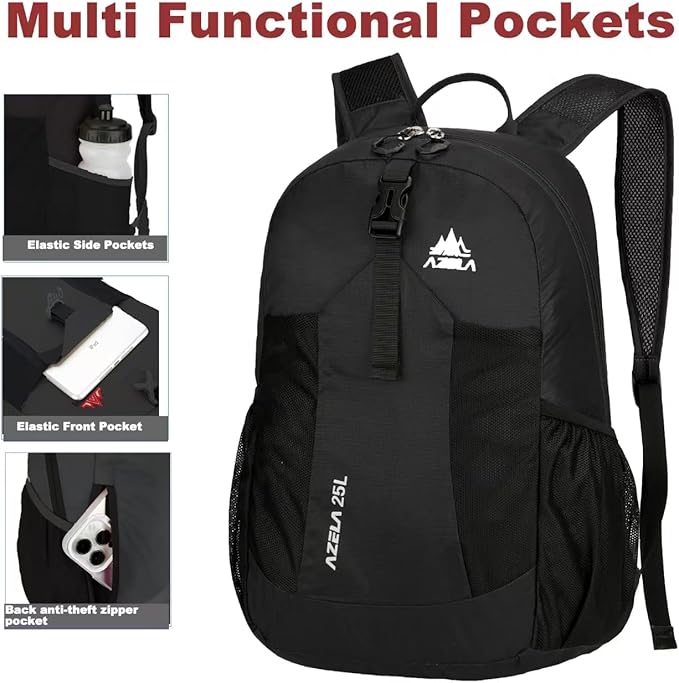 Lightweight Packable Backpack 25L Small Lightweight Backpack for Travel Hiking Daypack Foldable Daypack for Women Men Black