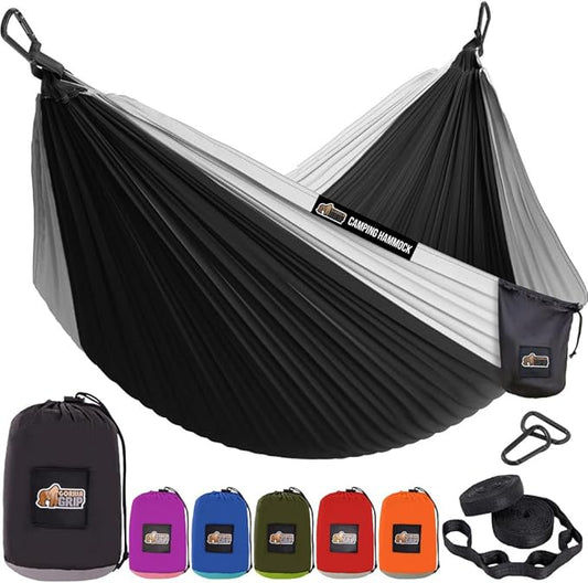 GORILLA GRIP Durable Portable Camping Hammock, Holds 400lbs with Heavy Duty Tree Straps, Comfortable Travel Swing, Camp Hammocks, Easy to Use and Install, Outdoor Essentials, Black, 9x4.5 FT