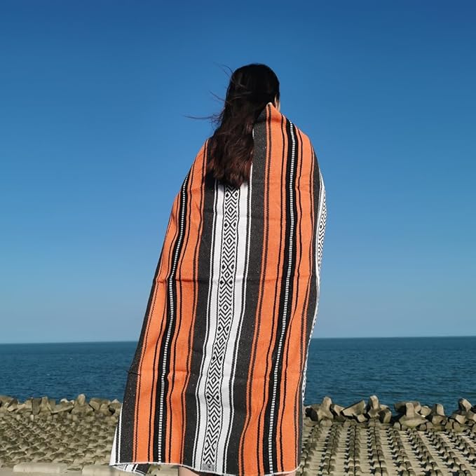 Airooglee Large Mexican Blanket - Perfect as Yoga Blanket, Outdoor Blanket, Beach Blanket, Serape Blanket, Picnic Blanket, Camping Blanket, Boho Home Décor (Orange)