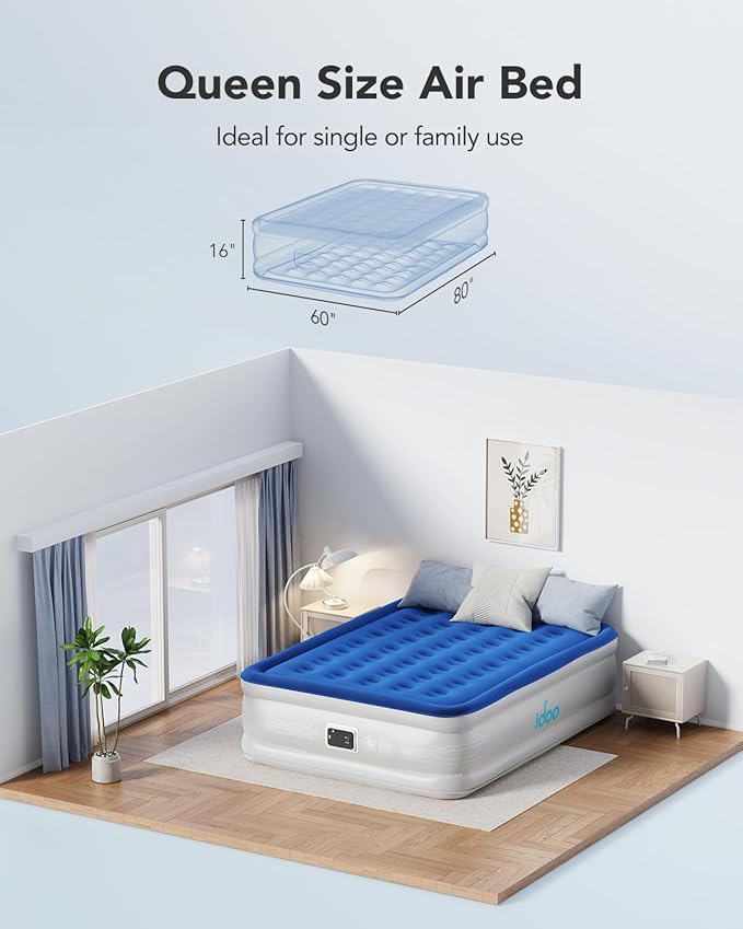 iDOO Air Mattress Queen with Built in Pump, Blow up Mattress, Inflatable Mattress Queen Size for Guests, Home, Camping, 3 Mins Inflation/Deflation, Upgraded Colchones Inflables, Comfort Air Bed