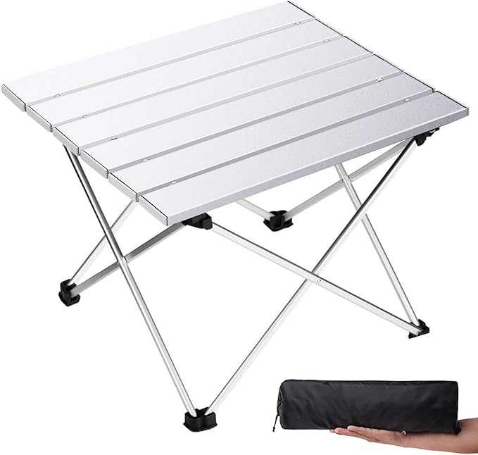 Grope Small Folding Camping Table with Aluminum Table Top, Beach Table for Sand with Carrying Bag,Prefect for Outdoor, Picnic, BBQ, Cooking, Festival (Silver-S)
