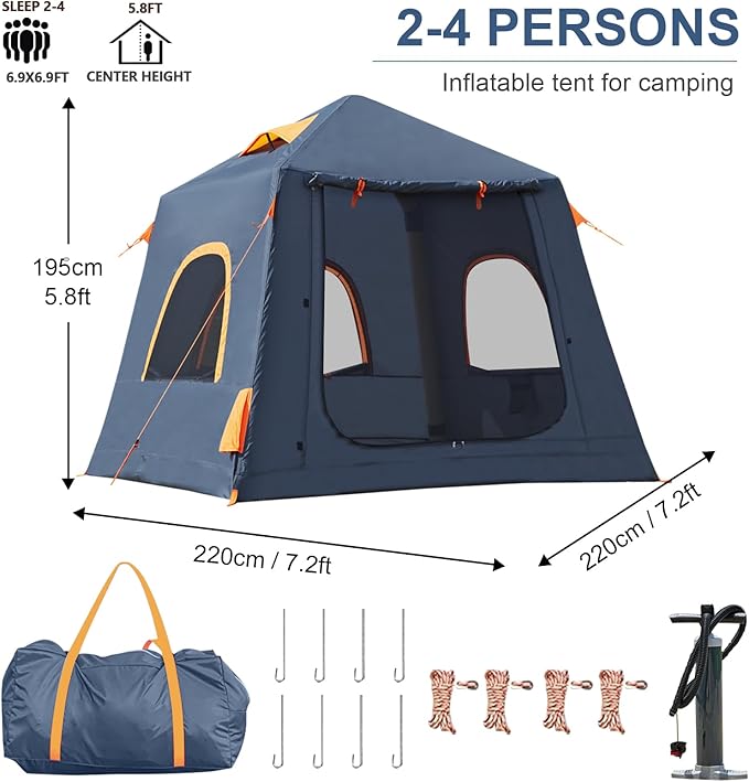 Inflatable Tents for Camping,2/4 Person Easy Setup Blow Up Tents for 4 Seasons Waterproof InflatableTent for Camping, Air Glamping Tents for Camping Adult