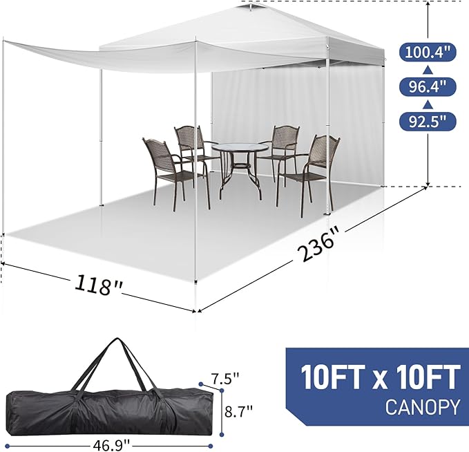 Outvita 10x10ft Ez Pop Up Canopy, Portable Instant Canopy Tent with 2pcs SideWalls and 4pcs Camping Upright Poles for Outdoor Events, Party, Wedding, Birthday,Graduation White
