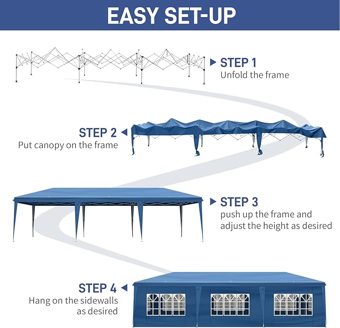 Outvita 10x30ft Ez Pop Up Canopy, Portable Instant Canopy Tent with 8 SideWalls for Outdoor Events, Party, Wedding, Birthday,Graduation Blue