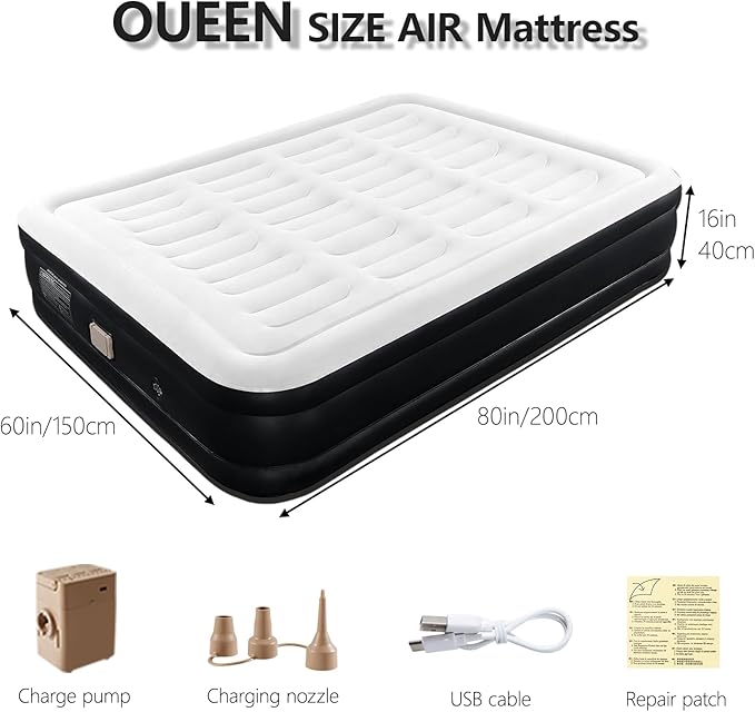 BEBAS Queen Size Air Mattress with Built in Pump Fast Electric Inflation/Deflation Mattress Blow up Bed Inflatable for Home,Guests,Office,Camping Airbed 16 Inch Tall,600lbs Max,Black