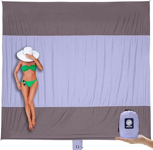 WEKAPO Beach Blanket Sandproof Waterproof, Extra Large Beach Mat, Oversized & Compact Sand Free Mat Quick Drying, Lightweight & Durable with Stakes & Corner Pockets