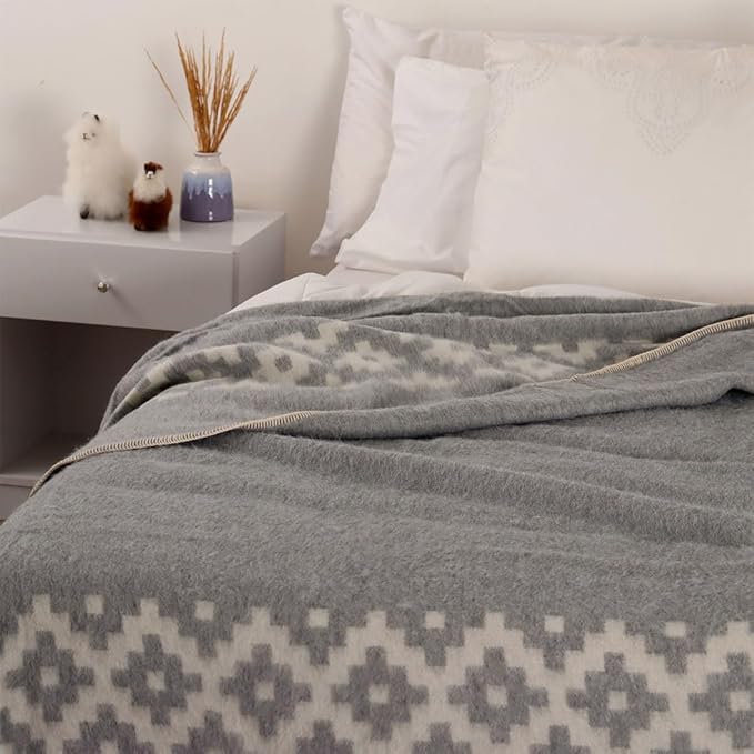 Thick Alpaca Wool Blanket Heavyweight Camping Outdoors Indoors Soft Peru Queen Size Ethnic Design (Soft Gray/Ivory 2, Queen Size)