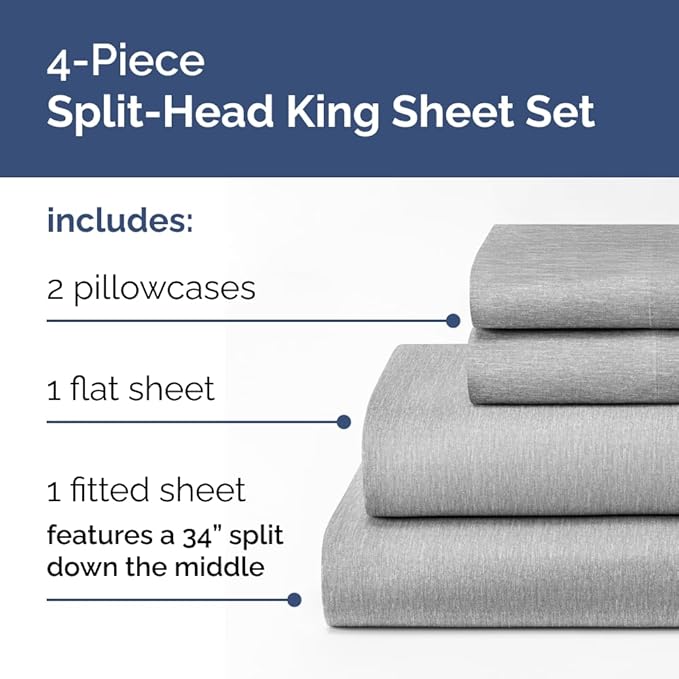 Flex Top Split Head King 4 Piece Sheet Set - Comfy Breathable & Cooling Bed Sheets Set - Hotel Luxury Bedding for Women, Men, Kids, Teens, Boys & Girls - Deep Pockets, Soft, Oeko-Tex - Heathered Grey