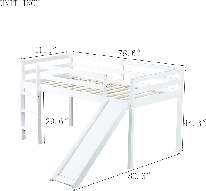 KEIKI Twin Loft Bed with Slide, Ladder, Rubber Wood Frame, Underbed Play Area & Storage, White