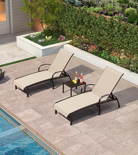 PURPLE LEAF Outdoor Chaise Lounge Chair Set of 3 Patio Pool Lounger Aluminum Chairs with Side Table Adjustable Tanning Recliner for Outside Yard Deck Lawn Garden Beach Light Khaki
