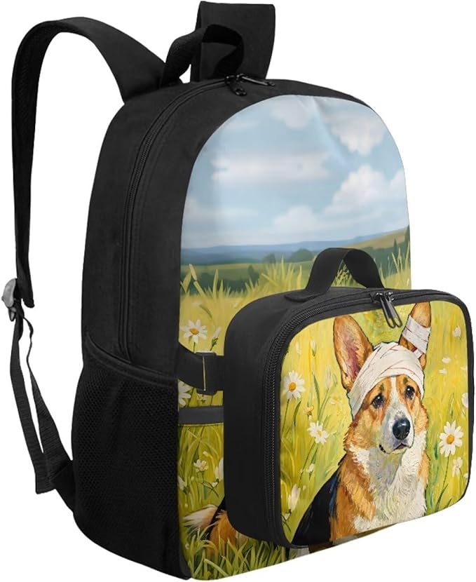 HUGS IDEA Corgi School Backpack for Girls 6-8 Cute Bookbag for Preschool Girls Kids Schoolbag with Lunchbox 17 Inch School Back Pack for Elementary Students Supplies