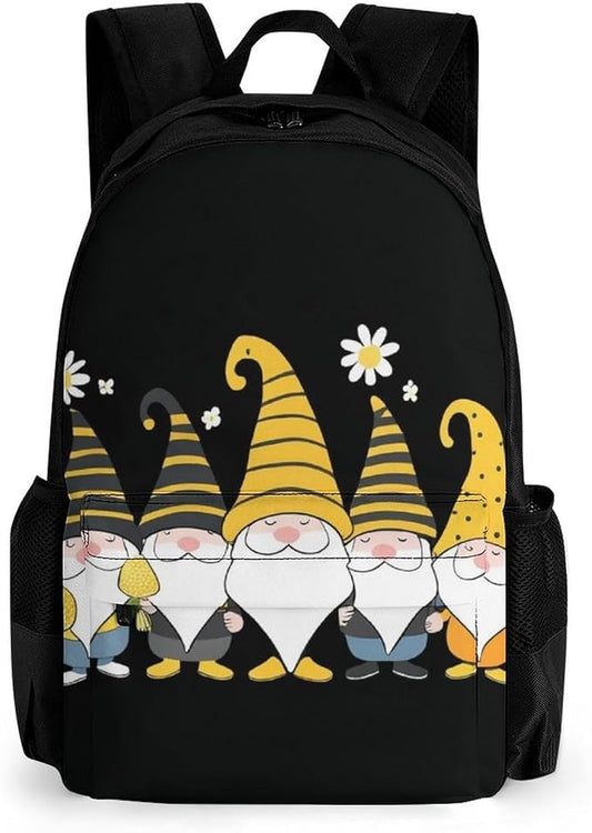 Supdreamc Lightweight Daypack Bookbag for Trekking Business Walking Cycling, Big Capacity Anti-Theft Multipurpose Carry On Bag, Sunflower Bee Cute Cartoon Gnome Black Business Computer Bag