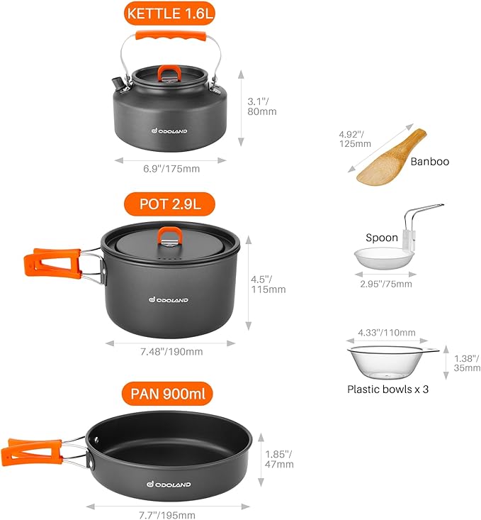 Odoland 10pcs Camping Cookware Camping Pots and Pans Set with Kettle Plastic Bowls and Soup Spoon for Camping, Backpacking, Outdoor Cooking and Picnic