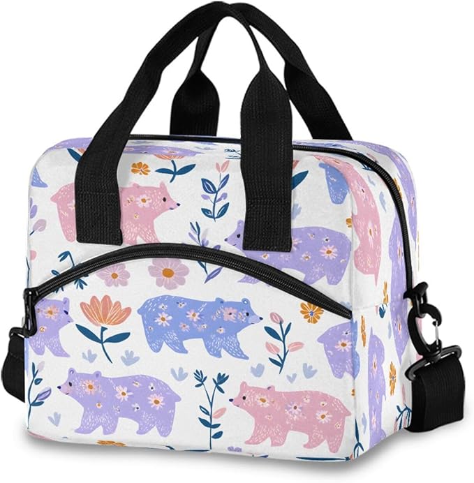 ALAZA Bear Flower Pattern Lunch Box for Men Women Adults Insulated Lunch Bag Cooler Bag with Adjustable Shoulder Strap for Work Picnic Travel
