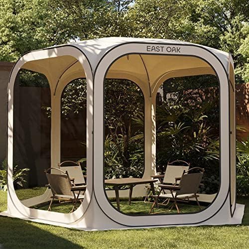 EAST OAK Screen House Tent Pop-Up, Portable Screen Room Canopy Instant Screen Tent 10 x 10 FT, Beige + EAST OAK Floor Mat for Screen House, 10x10 ft