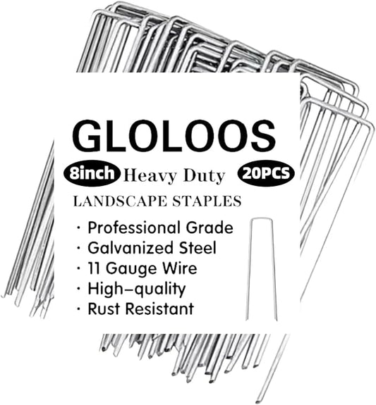 8 inch 20 Pack Silver Galvanized Landscape Staples 11 Gauge Garden Stakes Pins Anti-Rust Ground Stakes U-Shaped Tent Stakes are Used for Weed Barrier, Irrigation Tubing, Yard Lawn, Landscape Fabric