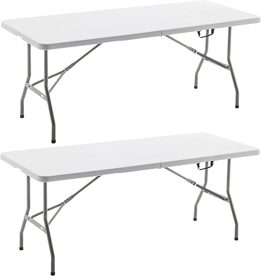 BTEXPERT Set of 2, Fold-in-Half Folding Utility Table 6 Feet 72"x 29.5" Lightweight Portable Carrying Handle Indoor Outdoor Picnic Camping Office Home Party Wedding Event Easy Clean Store Care White