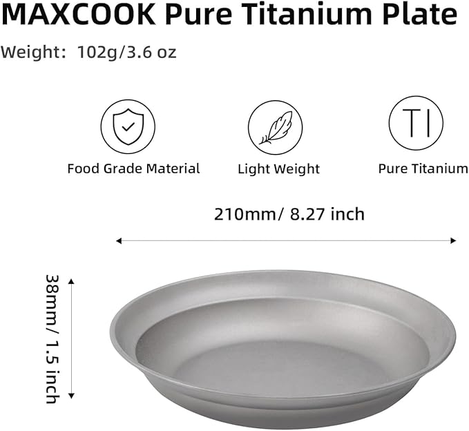 Pure Titanium Camping Plate 8.26 inch Ultralight Metal Dish Plate Backpacking Deep Plate for Hiking Kitchen