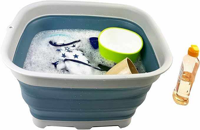 SAMMART 15L (3.9 Gallon) Collapsible Dishpan with Draining Plug-Foldable Washing Basin-Portable Dish Washing Tub - Camping & Space Saving Kitchen Storage Tray (Steel Blue + Dark Sea Green (Set of 2))