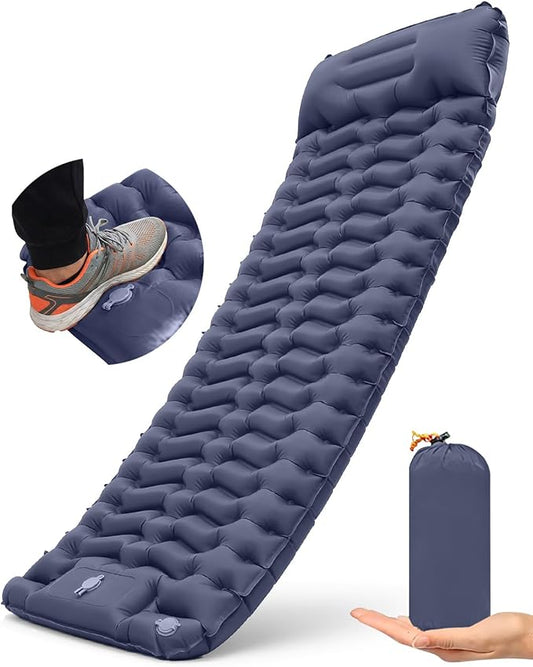 Ultralight Inflatable Camping Sleeping Pad with Built-in Pillow & Foot Pump, 3” Thick Compact Air Mattress for Backpacking, Hiking, Traveling, Tent Camping, Dark Blue