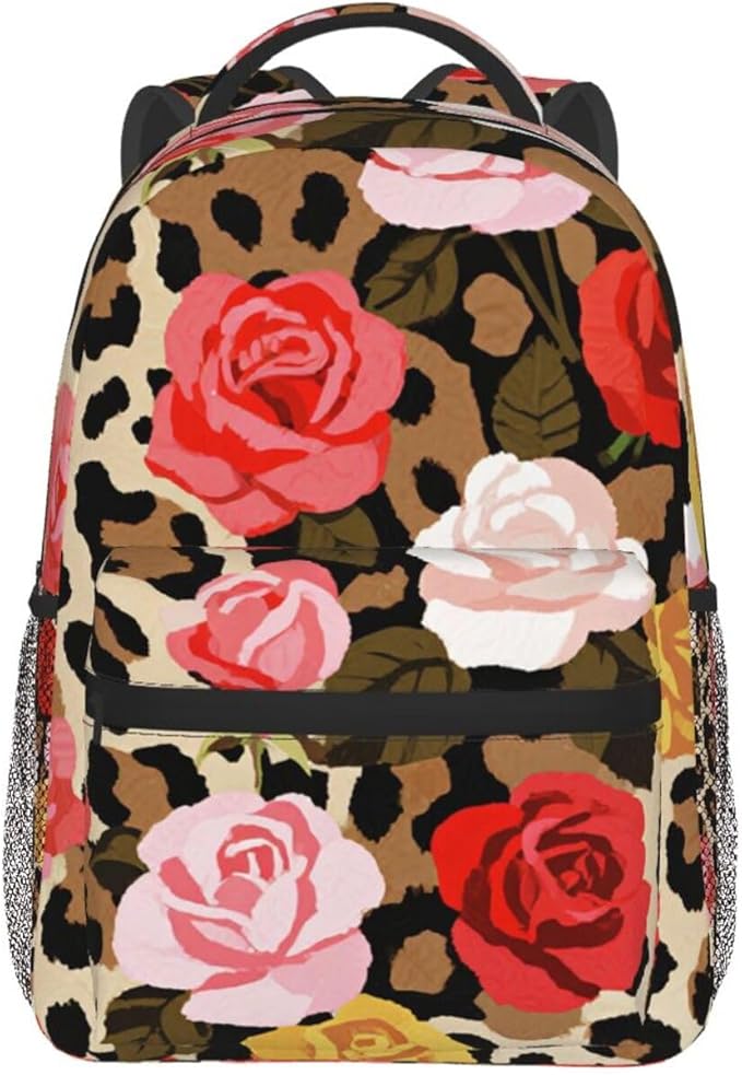 Rucksack Anti-Theft Multipurpose Big Capacity Carry On Bag, Cheetah Leopard Print Floral Traveling Camping Backpack With Side Pockets