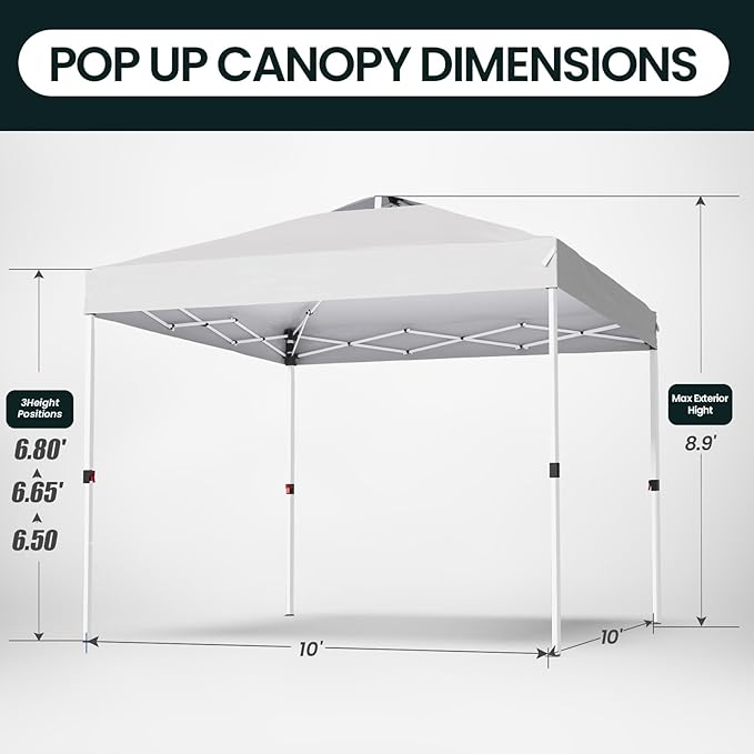 Shades 10x10 Pop Up Canopy with One Push Setup,Heavy Duty Beach Tent with Wheels for Easy Moving, Sun Shelter for Parties,Events, Outdoor Gazebo with 420D Coated Waterproof White Fabric