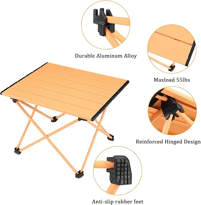 Tesouro Portable Camping Table,Folding Side Table Aluminum Top for Outdoor Cooking, Hiking, Travel, Picnic (Apricot-Large)