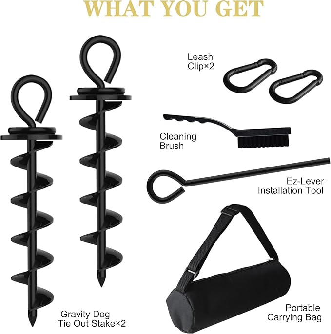 Eurmax USA Heavy Duty Dog Tie Out Stake for Large Dogs up to 210 lbs Dog Stakes for Outside,Dog Anchor, Gadgets, Accessories for Dogs,Dog Runner Leash Stake Trampoline Stakes 2-Pack (Black)