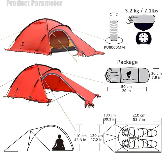 Portable 2 Person 4 Season Tent Waterproof Backpacking Tent Double Layer All Weather for Camping Hiking Travel Climbing Mountaineering - Easy Set Up (Color : Yellow, Size : Large)