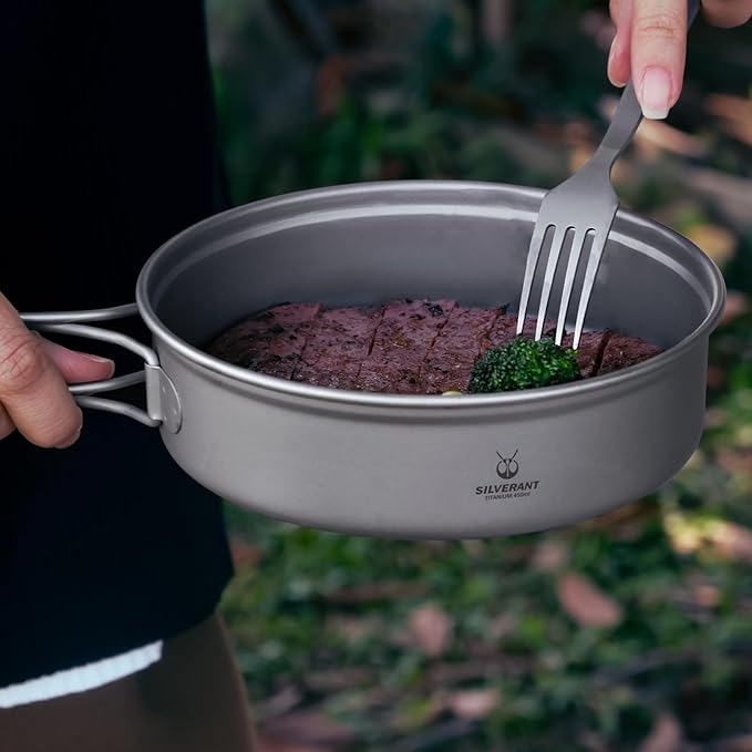 SILVERANT Camping Plate Titanium Pan Dish Plate with Handle & Mesh Bag, Large Reuseable Ultralight Dinner Plate for Camping Outdoors Backpacking (450ML)