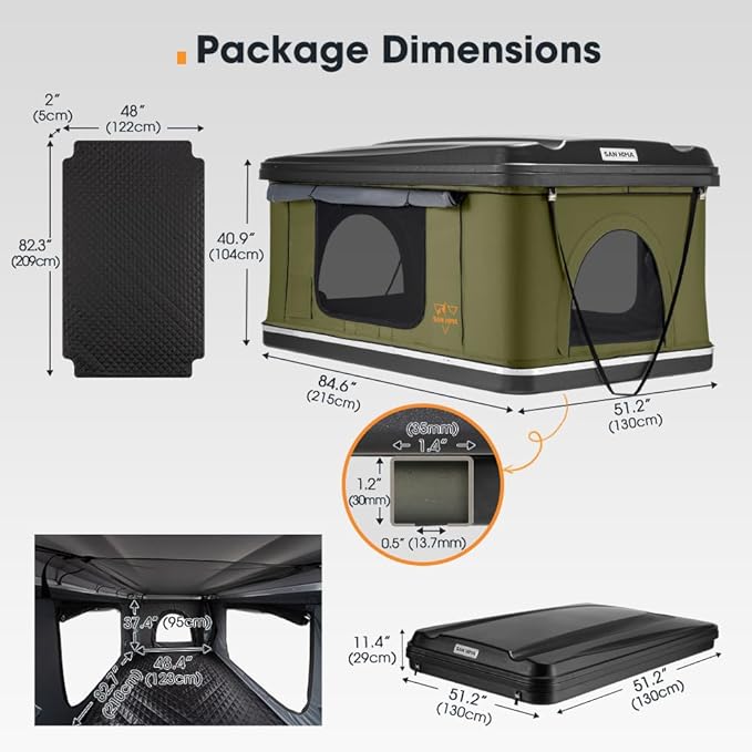 Sanhima Rooftop Tent Hard Shell - Jervis Loft Overland Aluminium ABS Roof Top Tent w/ 4 Sides Windows & AC Duct Hole for Car SUV Truck Camping, for 2-3 People