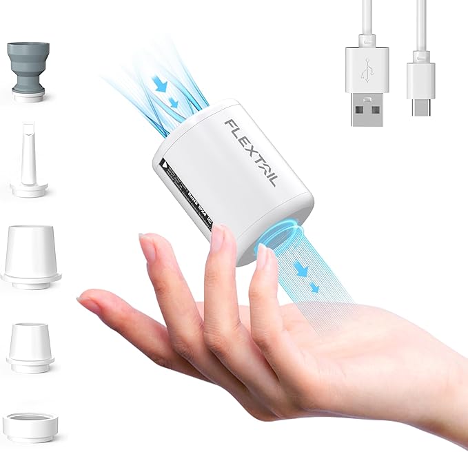 FLEXTAILGEAR Portable Air Pump - Tiny Pump 2, Electric Air Pump for Inflatables 2.8oz Battery Inflator Rechargeable Air Mattress Pump for Sleeping Pads, Pool Floats, Swimming Rings White