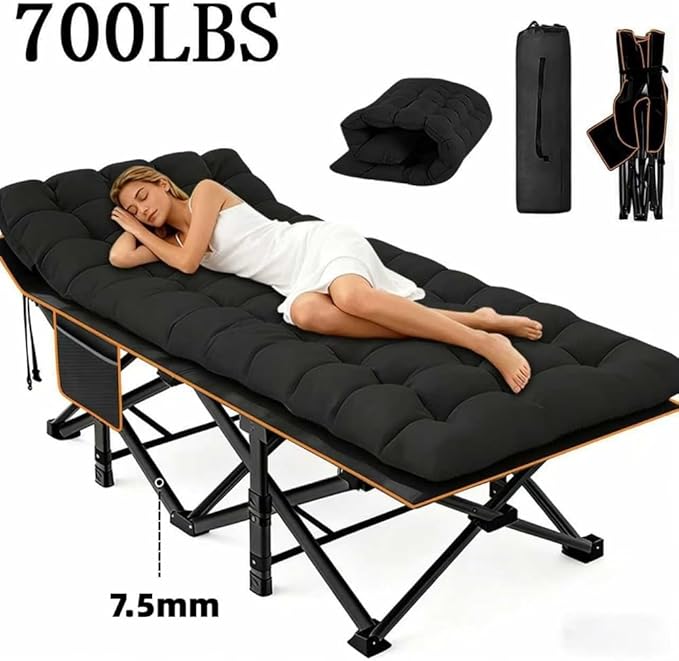 Comfortable and Soft Folding Bed, Portable Camping cot with Side Pockets and Mattress, Extra-Thick Oversized Folding Bed, Weight Capacity of 500/600/700 lbs (Black 700lbs)