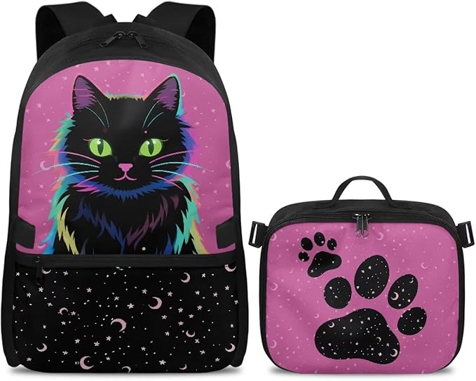 HUGS IDEA Neon Cat School Backpack for Kids 17 Inch Bookbag and Lunchbox for Kids Large School Bags for Girls Lightweight Book Bag for Students Travel Casual Daypack for Camping