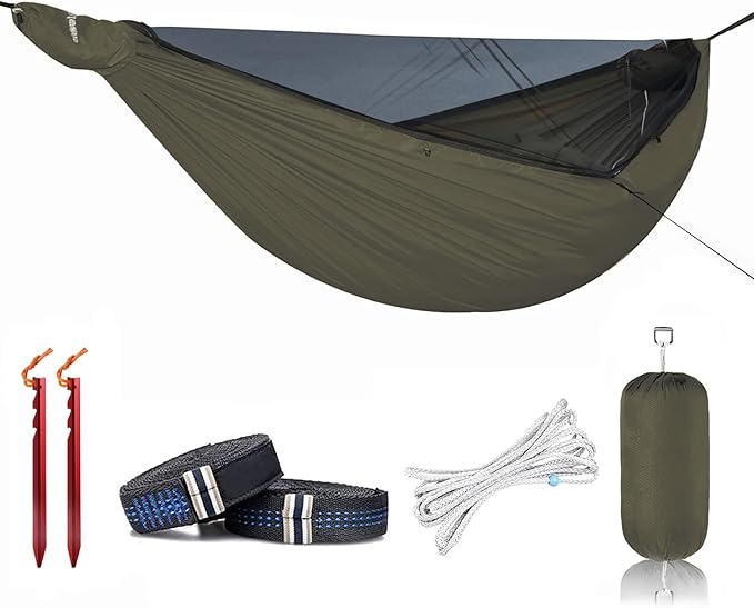 Onewind 11ft Camping Hammock with Mosquito Net and Structure Ridgeline, Lightweight Portable Hammock with 12ft Tree Straps Ideal for Outdoor Hiking Backpacking, OD Green