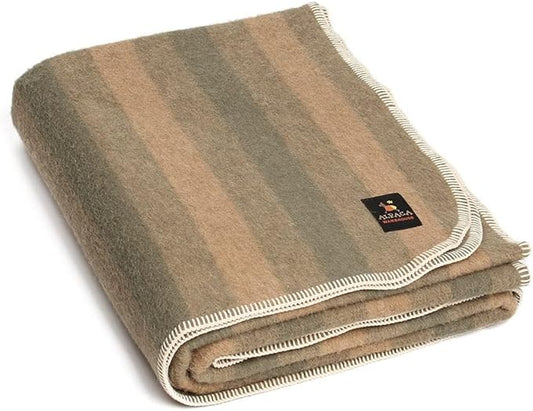 Thick Alpaca Wool Blanket Heavyweight Camping Outdoors Indoors Soft Peru Twin Size Stripes Design (Camel/Olive Green, Twin Size)