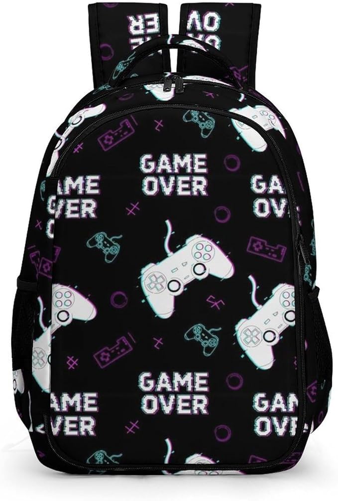 Large Capacity Laptop Backpack Cool Video Games Joystick Game over, Sturdy Water Resistant College Bookbag with Water Bottle Pockets for Business Travel Gifts