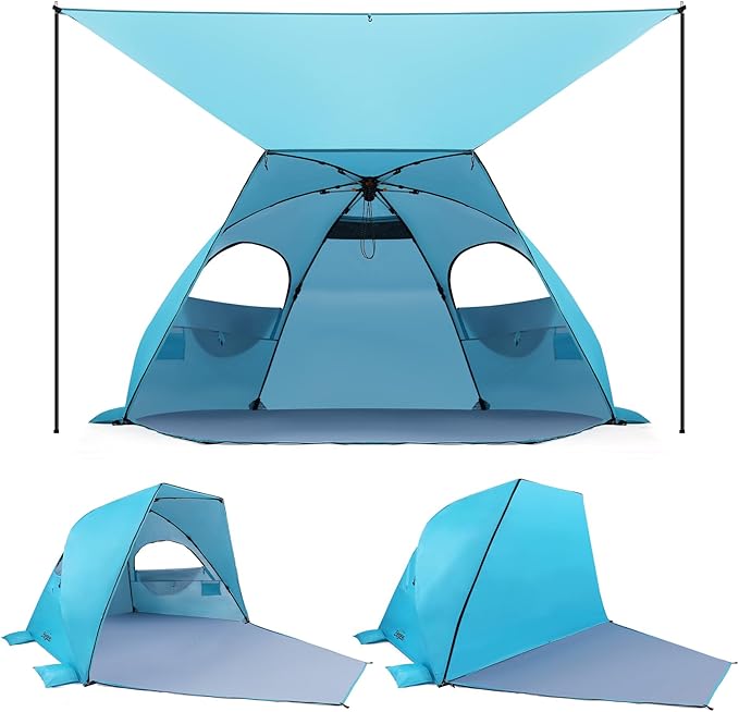 Elegear CumbreX™ Beach Tent with Canopy 4-6 Person, 1-Second Umbrella-Style Setup Pop Up Sun Shelter Shade, UPF 50+ UV Protection Four-Layer Silver-Coated Lightweight Portable Beach Cabana - Aqua Blue