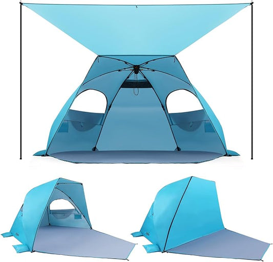 Elegear CumbreX™ Beach Tent with Canopy 4-6 Person, 1-Second Umbrella-Style Setup Pop Up Sun Shelter Shade, UPF 50+ UV Protection Four-Layer Silver-Coated Lightweight Portable Beach Cabana - Aqua Blue